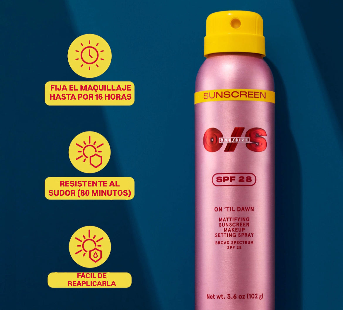 Spray fijador de maquillaje matificante Dawn con protección solar FPS 28