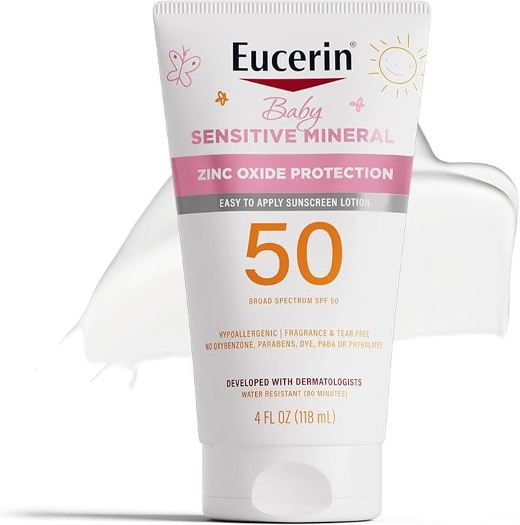Loción protectora solar mineral FPS 50 para bebés sensibles.